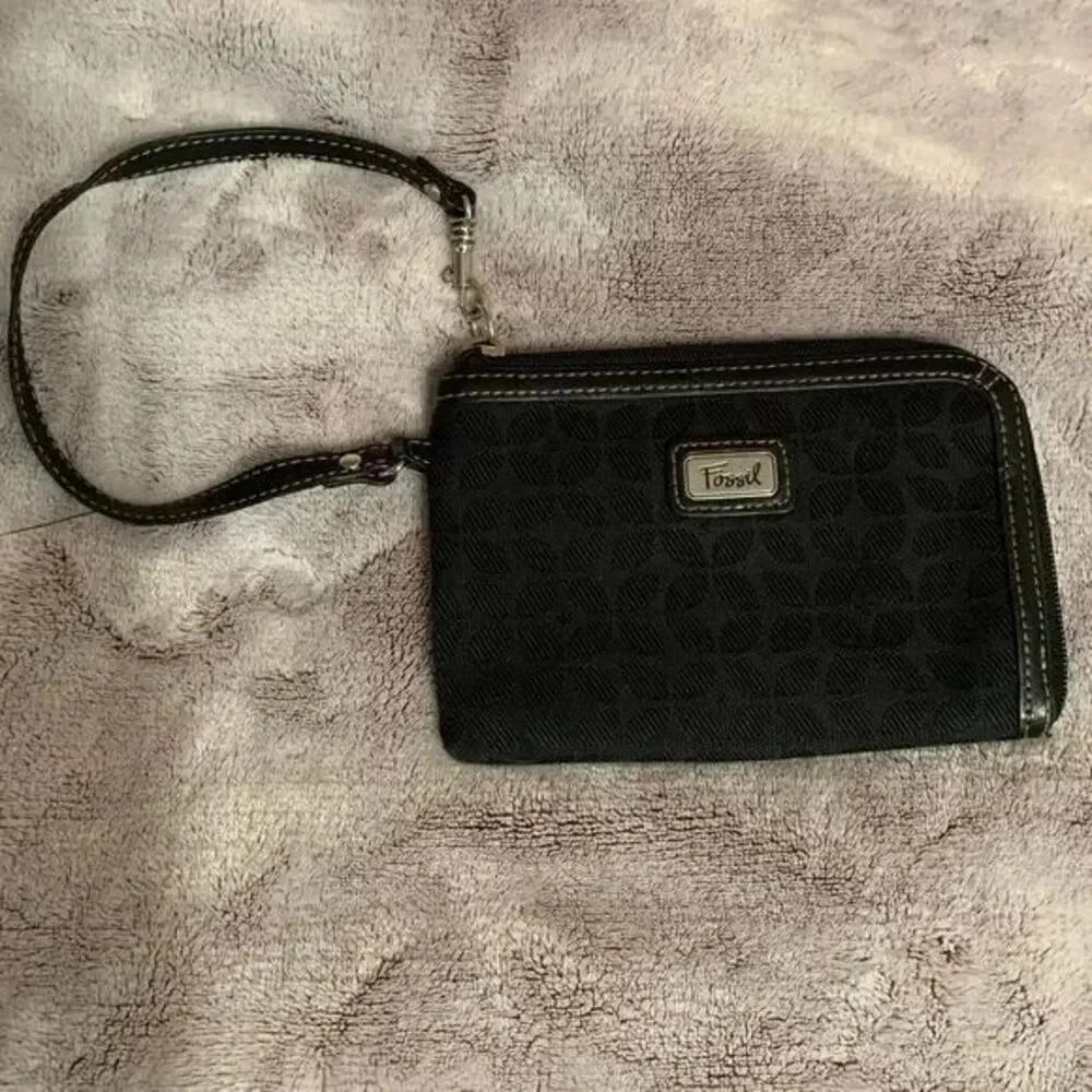 Fossil Wristlet Wallet Black Monogram Zip Around Small Purse Clutch Bag Fabric‎